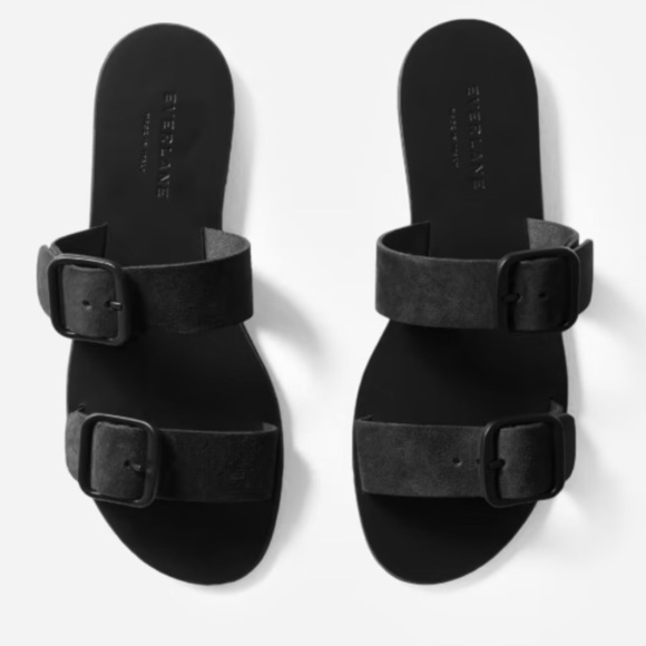 Everlane The Modern Buckle Black Suede Double Strap Flat Slip On Sandal - Picture 2 of 8